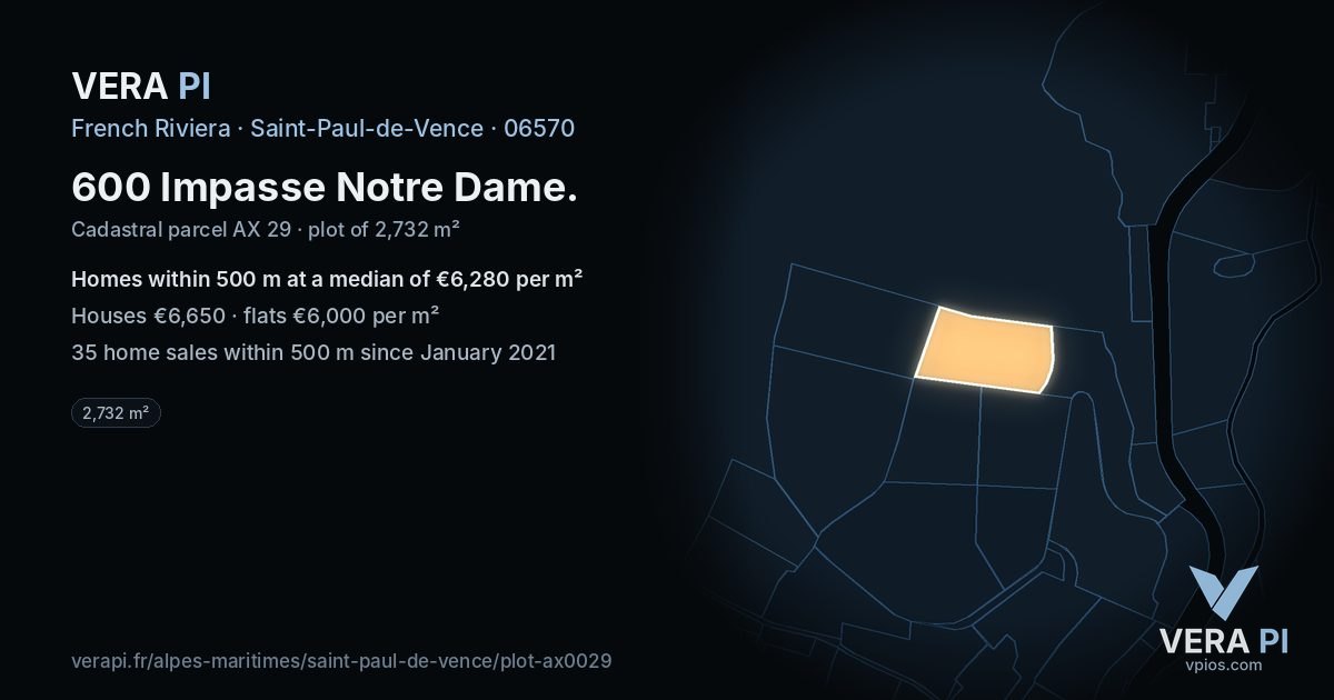 600 Impasse Notre Dame, Saint-Paul-de-Vence at night – the plot lit, the parcels around coloured by the prices near them