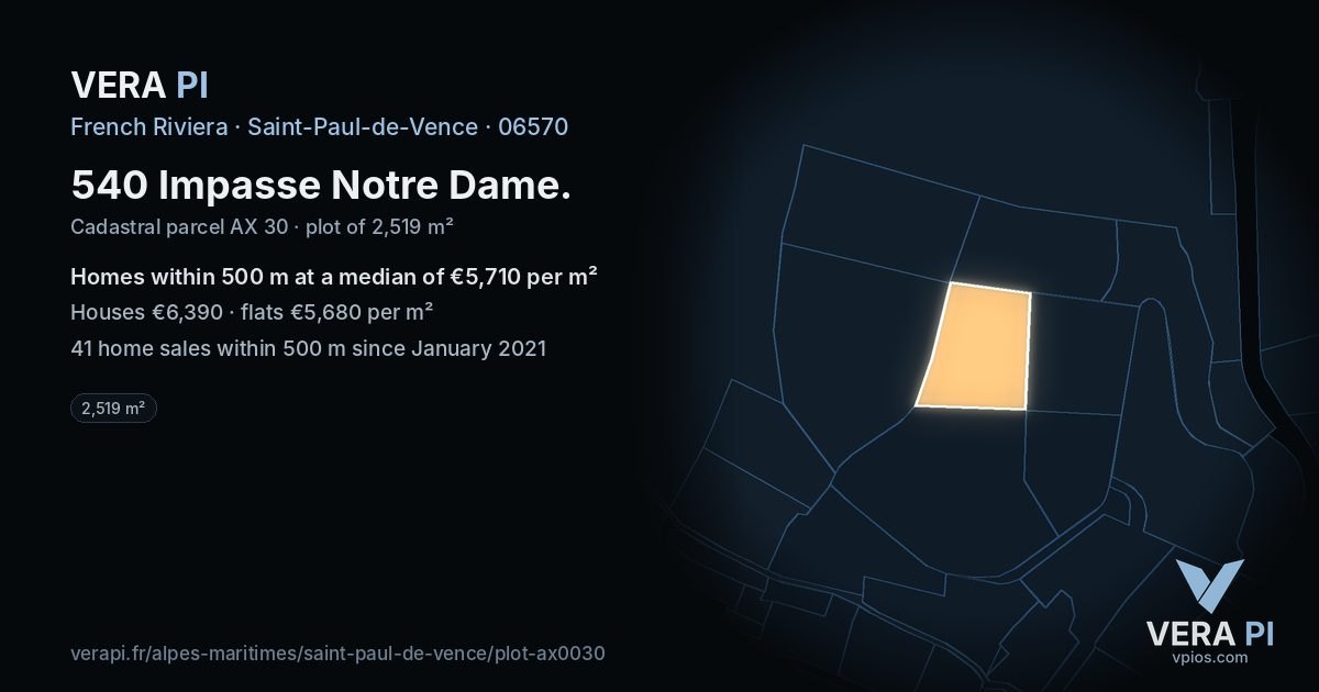 540 Impasse Notre Dame, Saint-Paul-de-Vence at night – the plot lit, the parcels around coloured by the prices near them