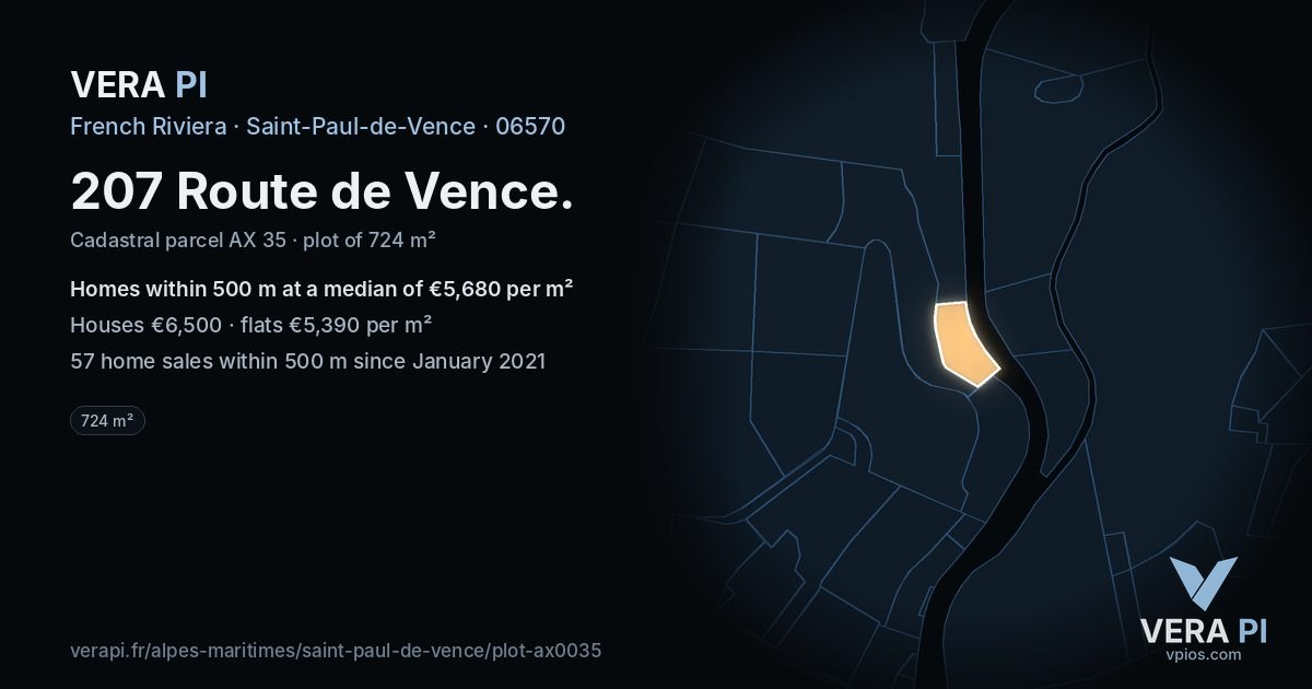 207 Route de Vence, Saint-Paul-de-Vence at night – the plot lit, the parcels around coloured by the prices near them