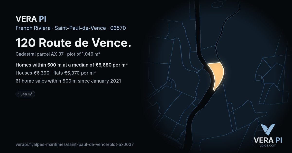 120 Route de Vence, Saint-Paul-de-Vence at night – the plot lit, the parcels around coloured by the prices near them