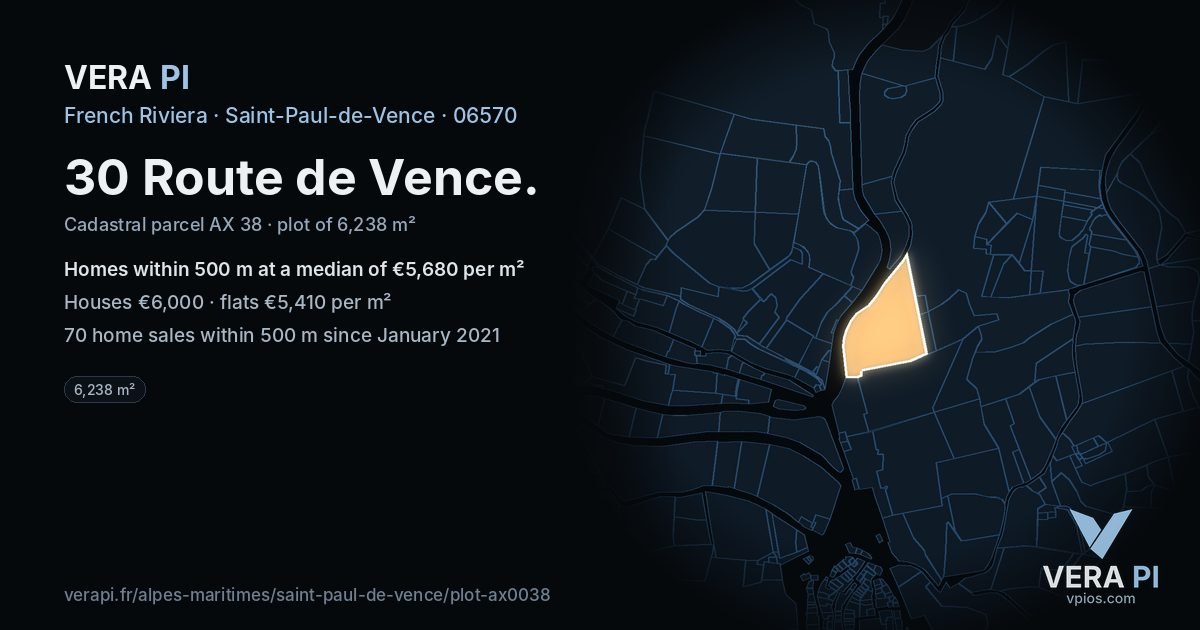 30 Route de Vence, Saint-Paul-de-Vence at night – the plot lit, the parcels around coloured by the prices near them