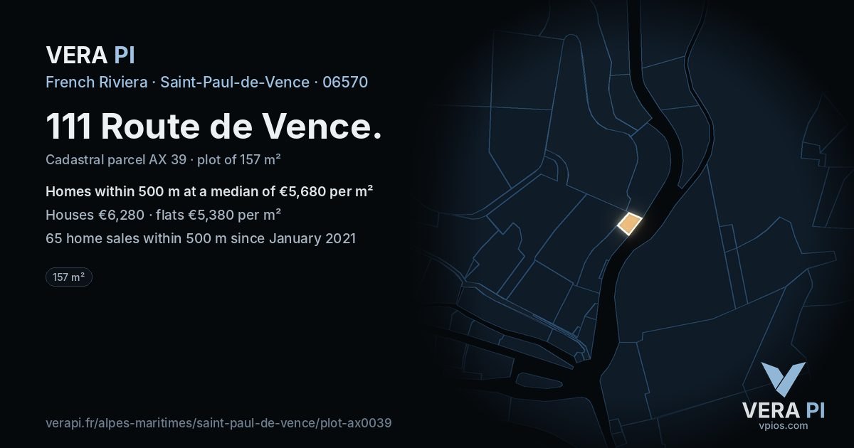111 Route de Vence, Saint-Paul-de-Vence at night – the plot lit, the parcels around coloured by the prices near them
