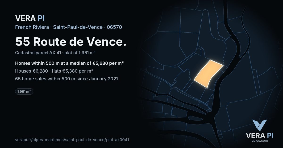 55 Route de Vence, Saint-Paul-de-Vence at night – the plot lit, the parcels around coloured by the prices near them