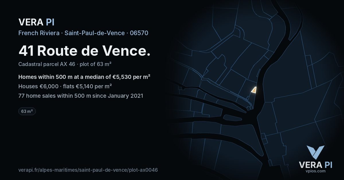41 Route de Vence, Saint-Paul-de-Vence at night – the plot lit, the parcels around coloured by the prices near them