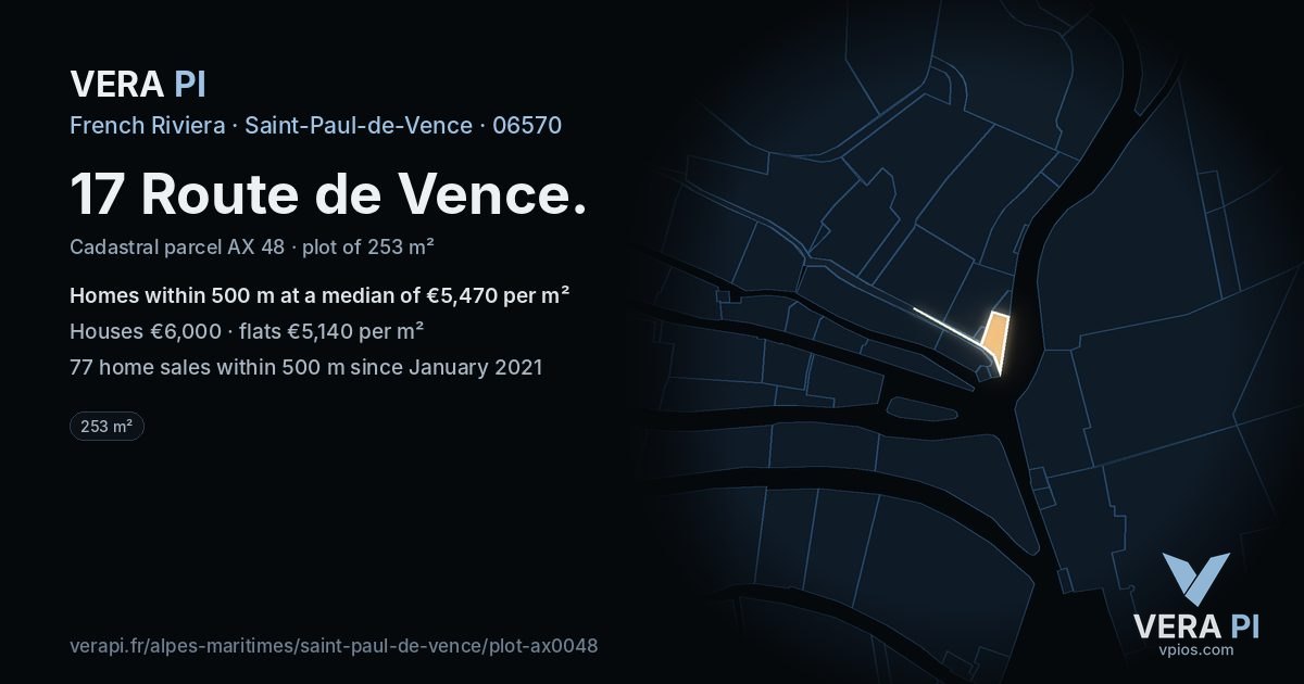 17 Route de Vence, Saint-Paul-de-Vence at night – the plot lit, the parcels around coloured by the prices near them