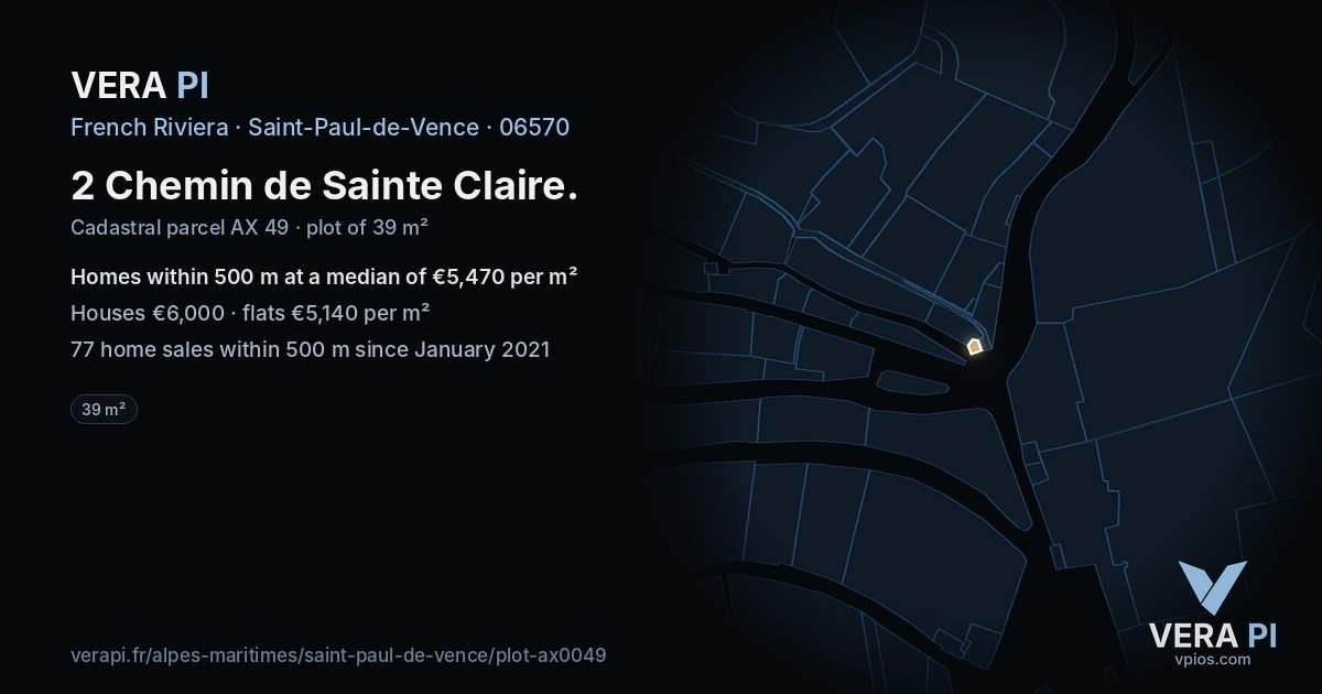 2 Chemin de Sainte Claire, Saint-Paul-de-Vence at night – the plot lit, the parcels around coloured by the prices near them