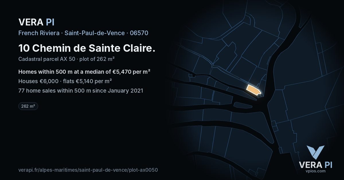 10 Chemin de Sainte Claire, Saint-Paul-de-Vence at night – the plot lit, the parcels around coloured by the prices near them