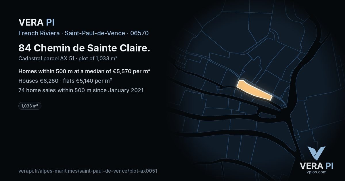 84 Chemin de Sainte Claire, Saint-Paul-de-Vence at night – the plot lit, the parcels around coloured by the prices near them
