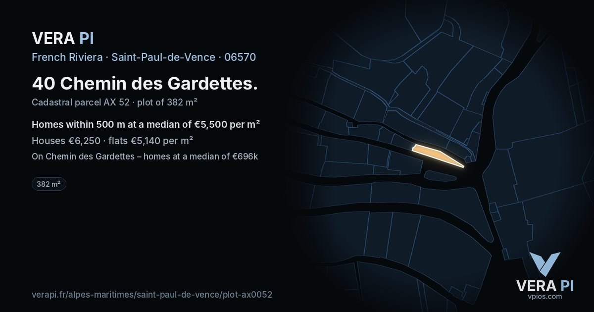 40 Chemin des Gardettes, Saint-Paul-de-Vence at night – the plot lit, the parcels around coloured by the prices near them