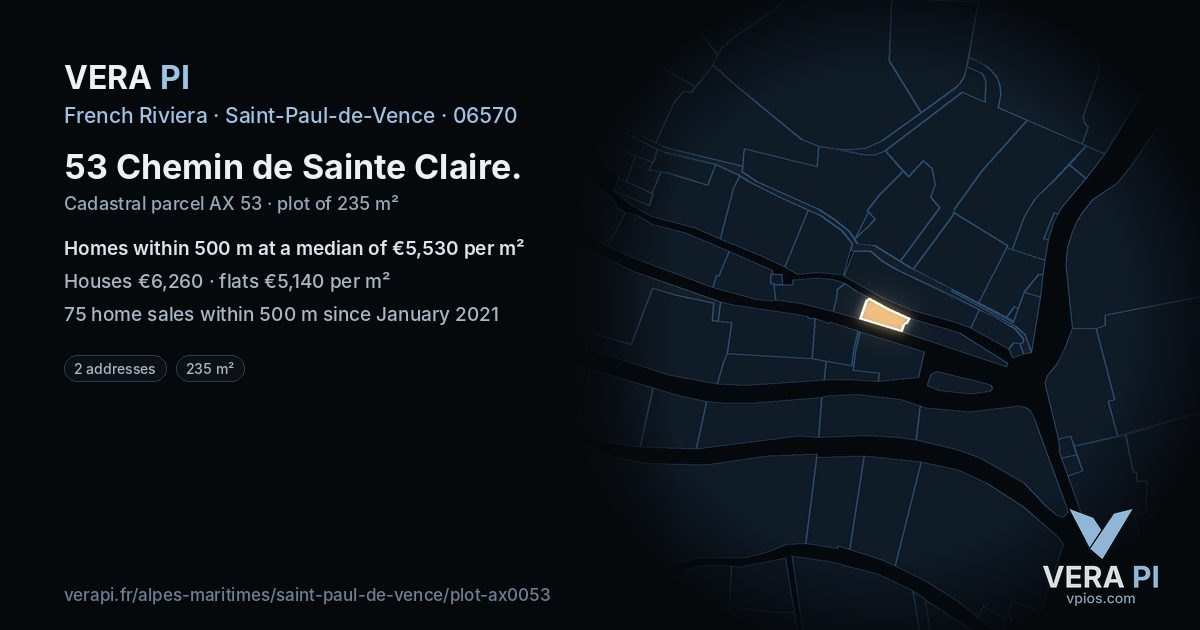 53 Chemin de Sainte Claire, Saint-Paul-de-Vence at night – the plot lit, the parcels around coloured by the prices near them