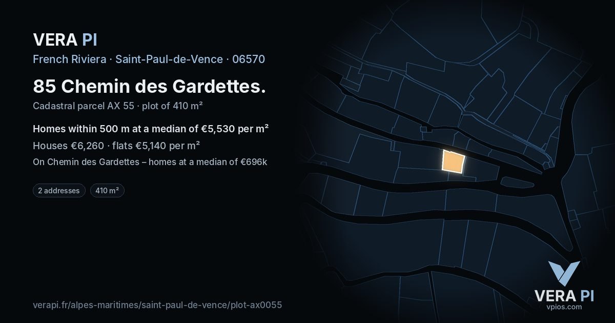 85 Chemin des Gardettes, Saint-Paul-de-Vence at night – the plot lit, the parcels around coloured by the prices near them