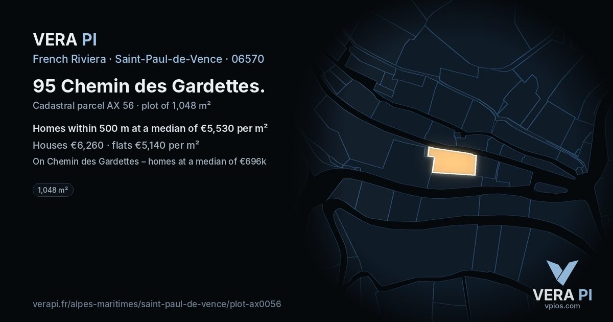 95 Chemin des Gardettes, Saint-Paul-de-Vence at night – the plot lit, the parcels around coloured by the prices near them