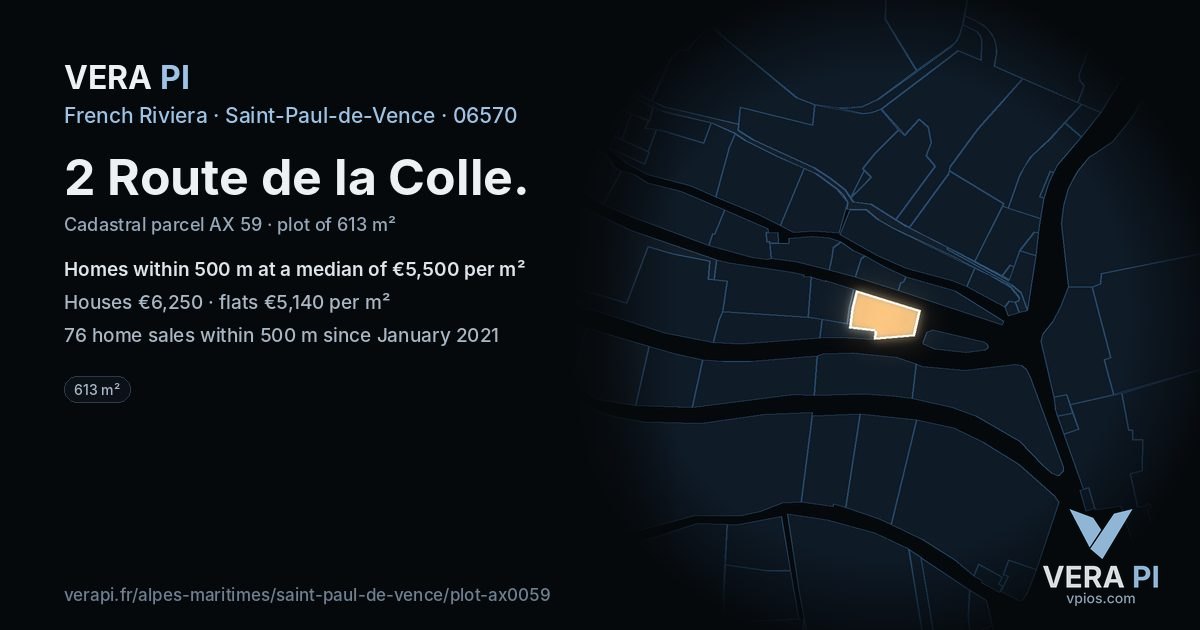 2 Route de la Colle, Saint-Paul-de-Vence at night – the plot lit, the parcels around coloured by the prices near them