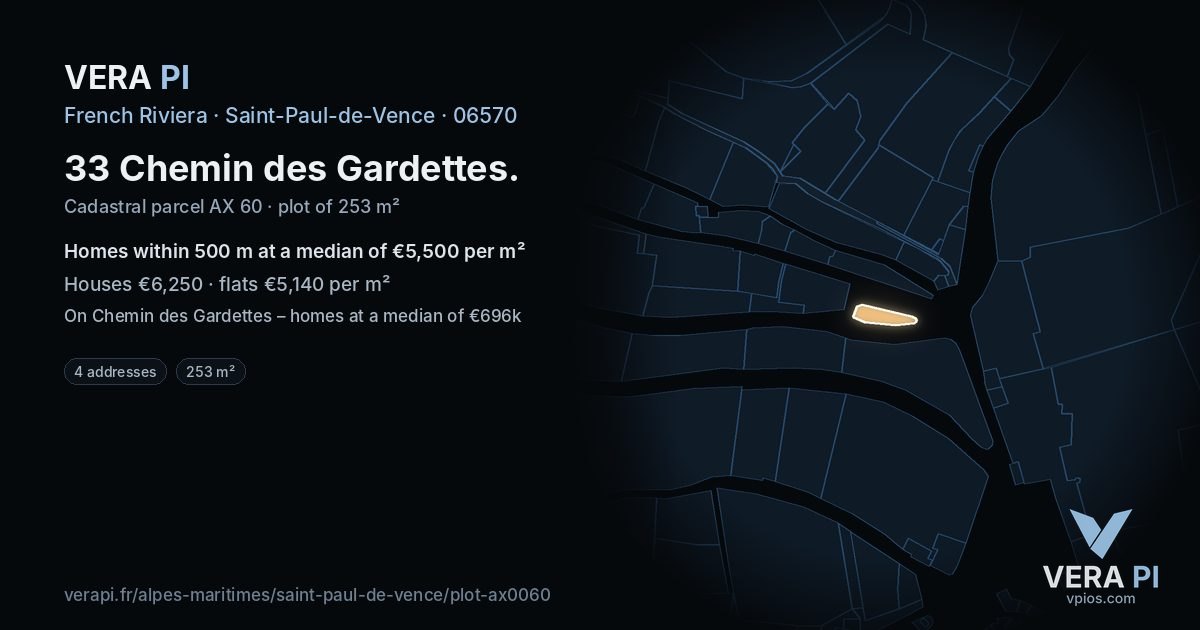 33 Chemin des Gardettes, Saint-Paul-de-Vence at night – the plot lit, the parcels around coloured by the prices near them