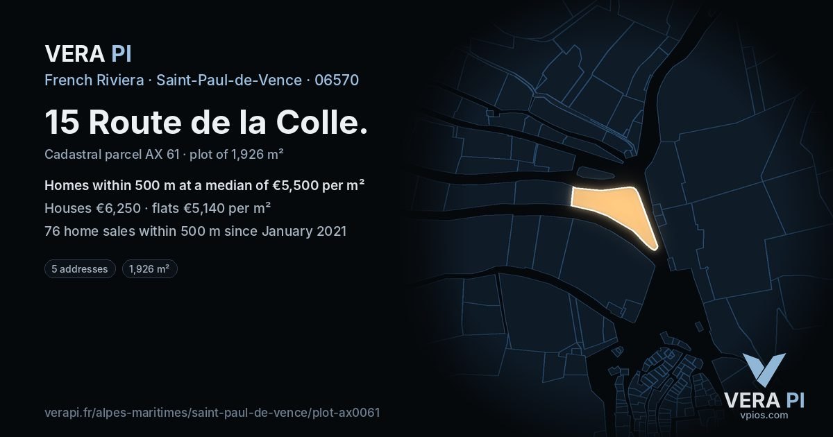 15 Route de la Colle, Saint-Paul-de-Vence at night – the plot lit, the parcels around coloured by the prices near them