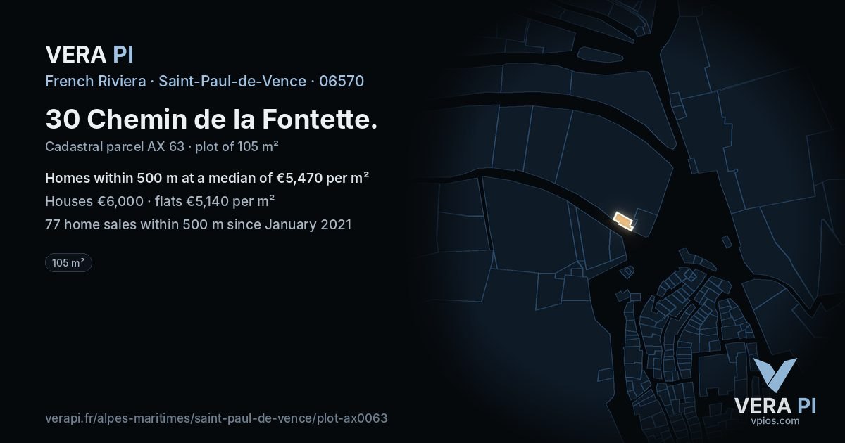 30 Chemin de la Fontette, Saint-Paul-de-Vence at night – the plot lit, the parcels around coloured by the prices near them