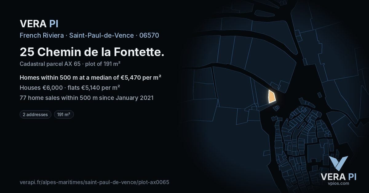 25 Chemin de la Fontette, Saint-Paul-de-Vence at night – the plot lit, the parcels around coloured by the prices near them