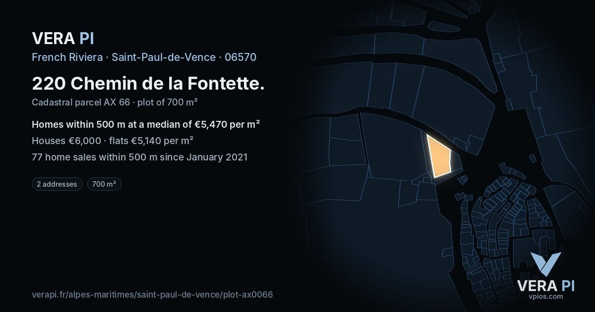 220 Chemin de la Fontette, Saint-Paul-de-Vence at night – the plot lit, the parcels around coloured by the prices near them