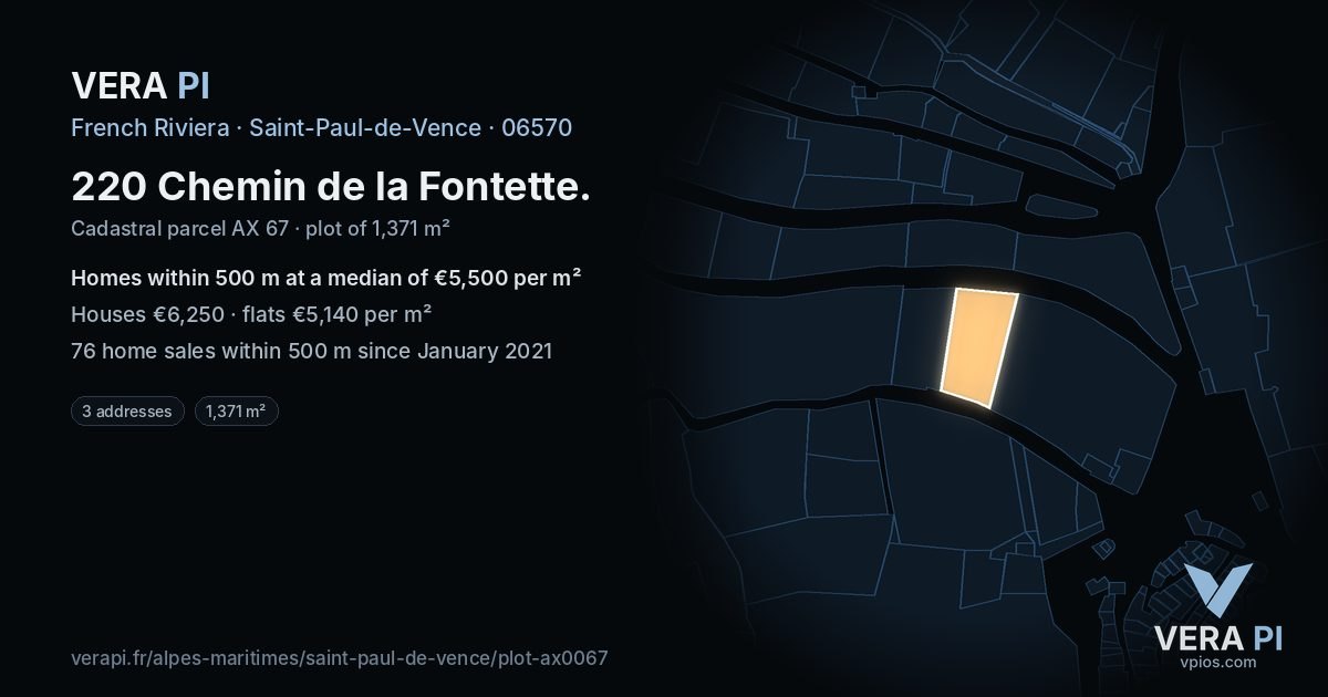 220 Chemin de la Fontette, Saint-Paul-de-Vence at night – the plot lit, the parcels around coloured by the prices near them