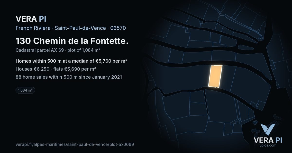 130 Chemin de la Fontette, Saint-Paul-de-Vence at night – the plot lit, the parcels around coloured by the prices near them