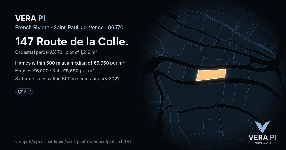 147 Route de la Colle, Saint-Paul-de-Vence at night – the plot lit, the parcels around coloured by the prices near them