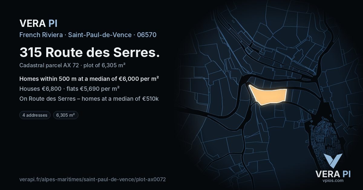 315 Route des Serres, Saint-Paul-de-Vence at night – the plot lit, the parcels around coloured by the prices near them