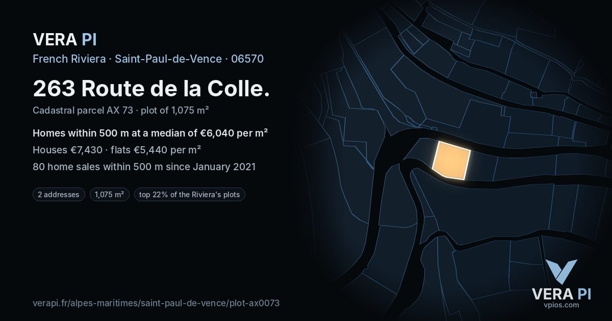 263 Route de la Colle, Saint-Paul-de-Vence at night – the plot lit, the parcels around coloured by the prices near them