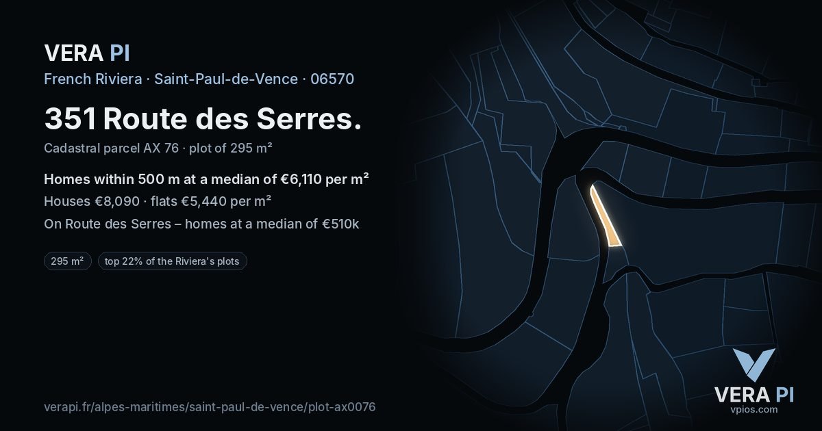 351 Route des Serres, Saint-Paul-de-Vence at night – the plot lit, the parcels around coloured by the prices near them