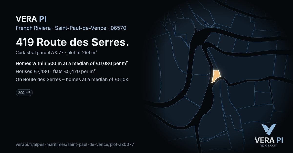 419 Route des Serres, Saint-Paul-de-Vence at night – the plot lit, the parcels around coloured by the prices near them