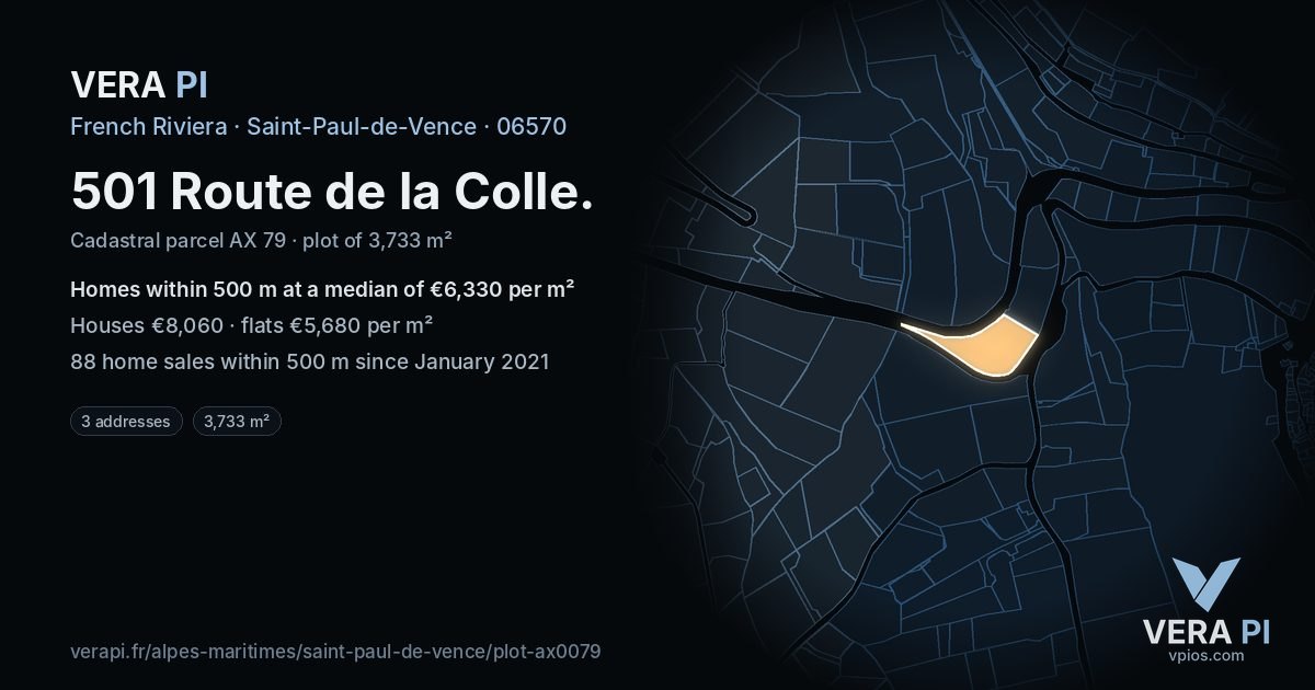 501 Route de la Colle, Saint-Paul-de-Vence at night – the plot lit, the parcels around coloured by the prices near them
