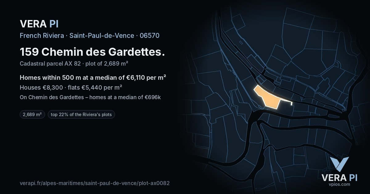 159 Chemin des Gardettes, Saint-Paul-de-Vence at night – the plot lit, the parcels around coloured by the prices near them