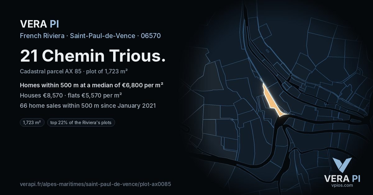 21 Chemin Trious, Saint-Paul-de-Vence at night – the plot lit, the parcels around coloured by the prices near them