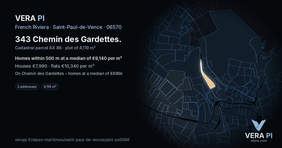 343 Chemin des Gardettes, Saint-Paul-de-Vence at night – the plot lit, the parcels around coloured by the prices near them