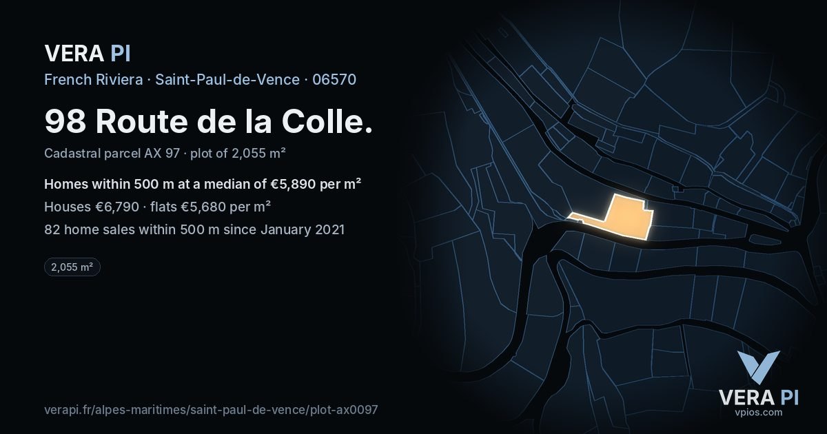 98 Route de la Colle, Saint-Paul-de-Vence at night – the plot lit, the parcels around coloured by the prices near them