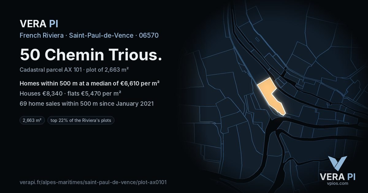 50 Chemin Trious, Saint-Paul-de-Vence at night – the plot lit, the parcels around coloured by the prices near them