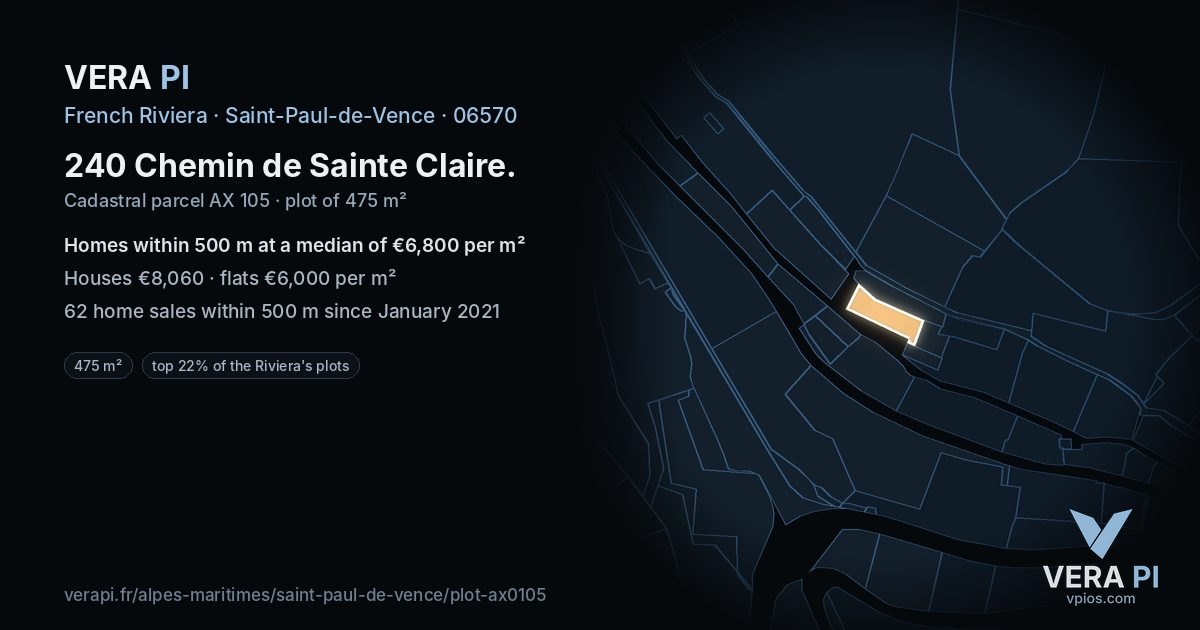 240 Chemin de Sainte Claire, Saint-Paul-de-Vence at night – the plot lit, the parcels around coloured by the prices near them