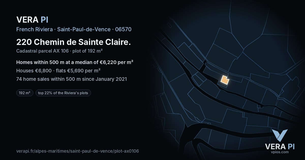 220 Chemin de Sainte Claire, Saint-Paul-de-Vence at night – the plot lit, the parcels around coloured by the prices near them