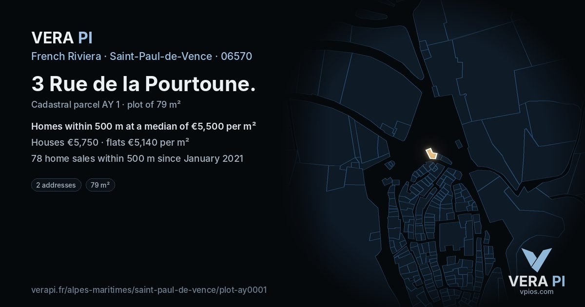 3 Rue de la Pourtoune, Saint-Paul-de-Vence at night – the plot lit, the parcels around coloured by the prices near them