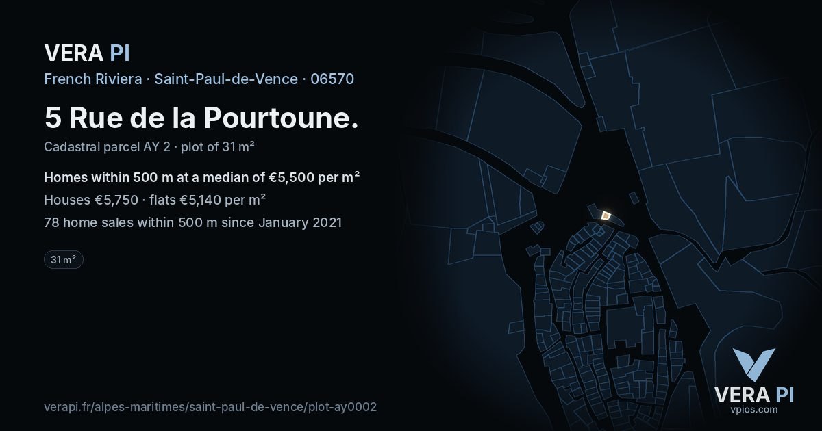 5 Rue de la Pourtoune, Saint-Paul-de-Vence at night – the plot lit, the parcels around coloured by the prices near them