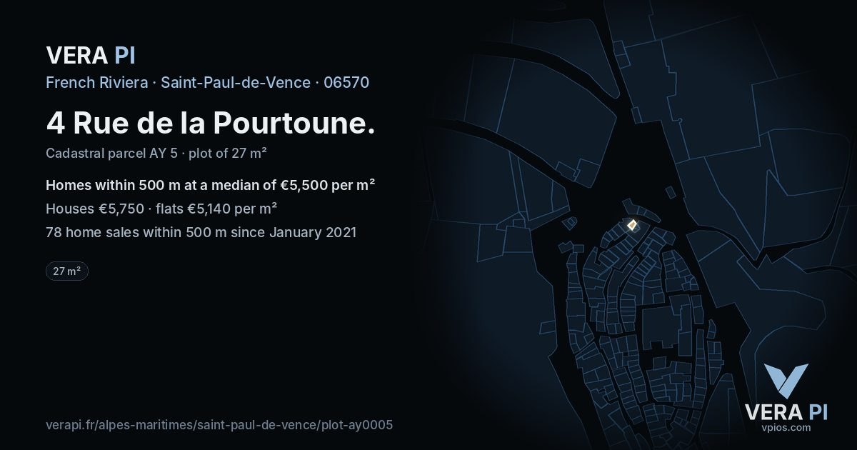 4 Rue de la Pourtoune, Saint-Paul-de-Vence at night – the plot lit, the parcels around coloured by the prices near them