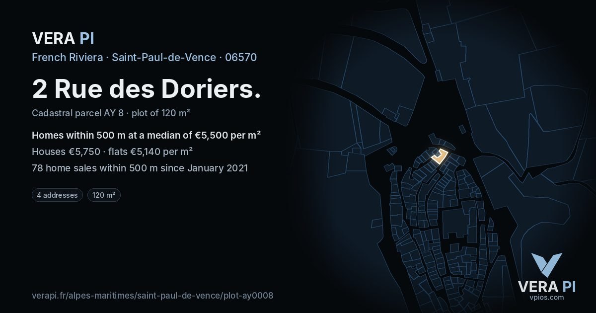 2 Rue des Doriers, Saint-Paul-de-Vence at night – the plot lit, the parcels around coloured by the prices near them