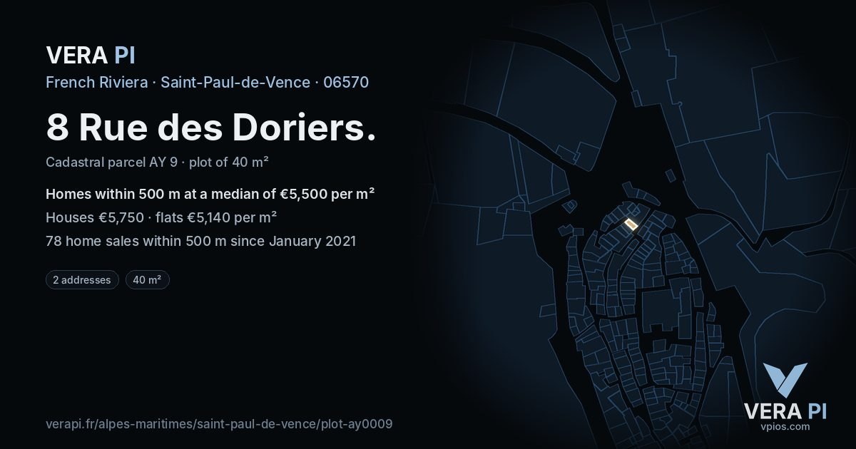 8 Rue des Doriers, Saint-Paul-de-Vence at night – the plot lit, the parcels around coloured by the prices near them