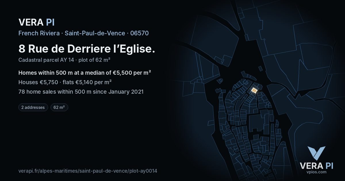 8 Rue de Derriere l’Eglise, Saint-Paul-de-Vence at night – the plot lit, the parcels around coloured by the prices near them