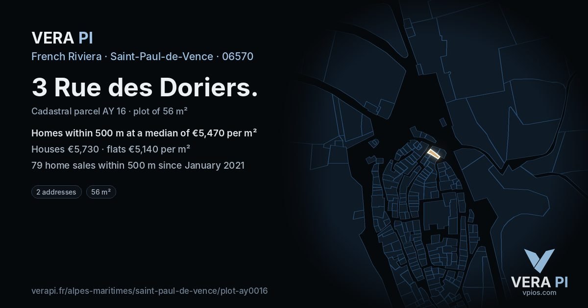 3 Rue des Doriers, Saint-Paul-de-Vence at night – the plot lit, the parcels around coloured by the prices near them