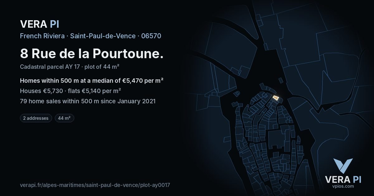 8 Rue de la Pourtoune, Saint-Paul-de-Vence at night – the plot lit, the parcels around coloured by the prices near them