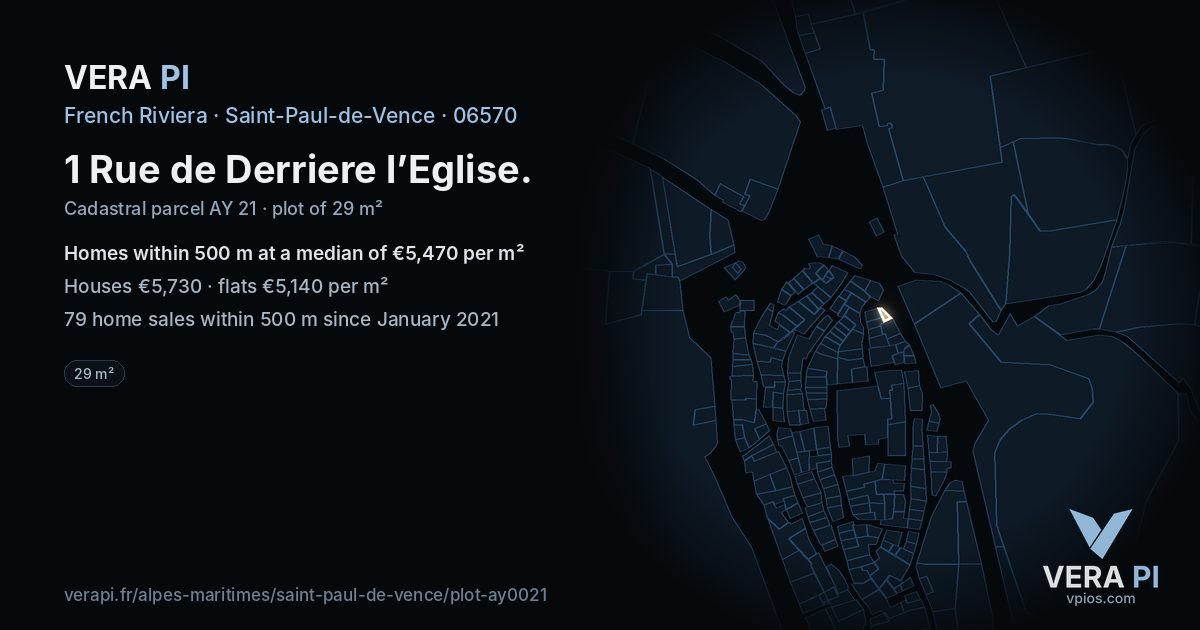 1 Rue de Derriere l’Eglise, Saint-Paul-de-Vence at night – the plot lit, the parcels around coloured by the prices near them