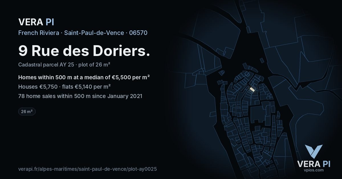 9 Rue des Doriers, Saint-Paul-de-Vence at night – the plot lit, the parcels around coloured by the prices near them