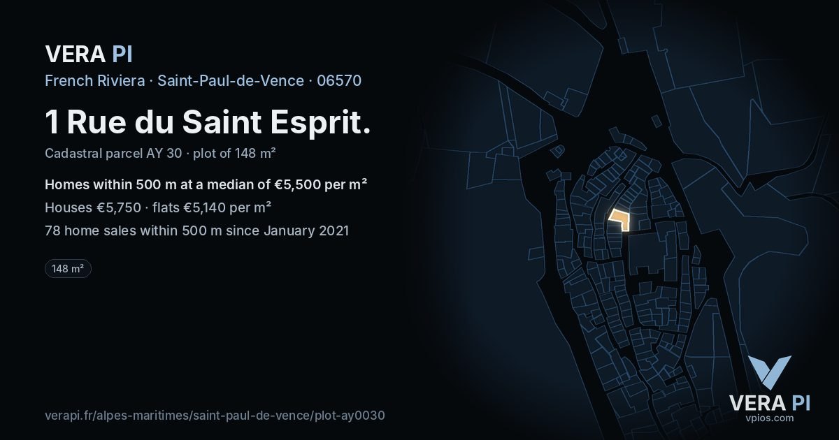1 Rue du Saint Esprit, Saint-Paul-de-Vence at night – the plot lit, the parcels around coloured by the prices near them