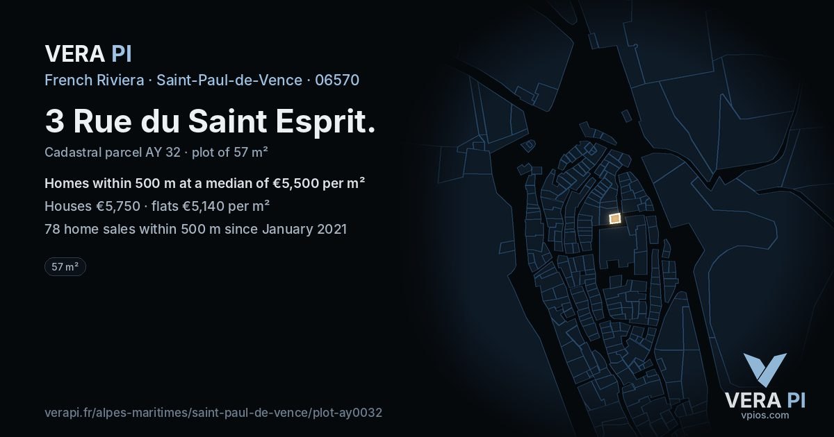 3 Rue du Saint Esprit, Saint-Paul-de-Vence at night – the plot lit, the parcels around coloured by the prices near them