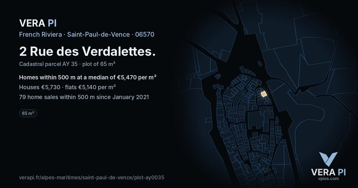 2 Rue des Verdalettes, Saint-Paul-de-Vence at night – the plot lit, the parcels around coloured by the prices near them